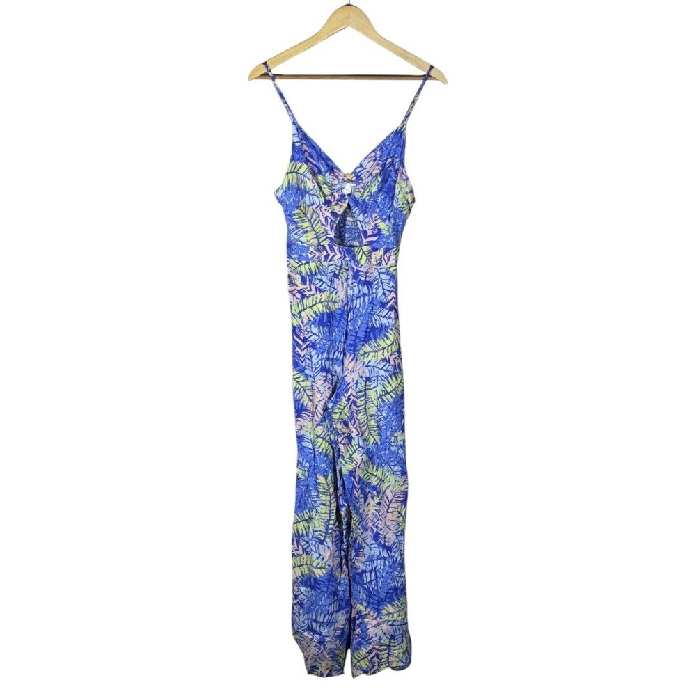 Goa by Japna Tropical Palm Print Cutout Wide Leg Jumpsuit Blue Coastal Size S
